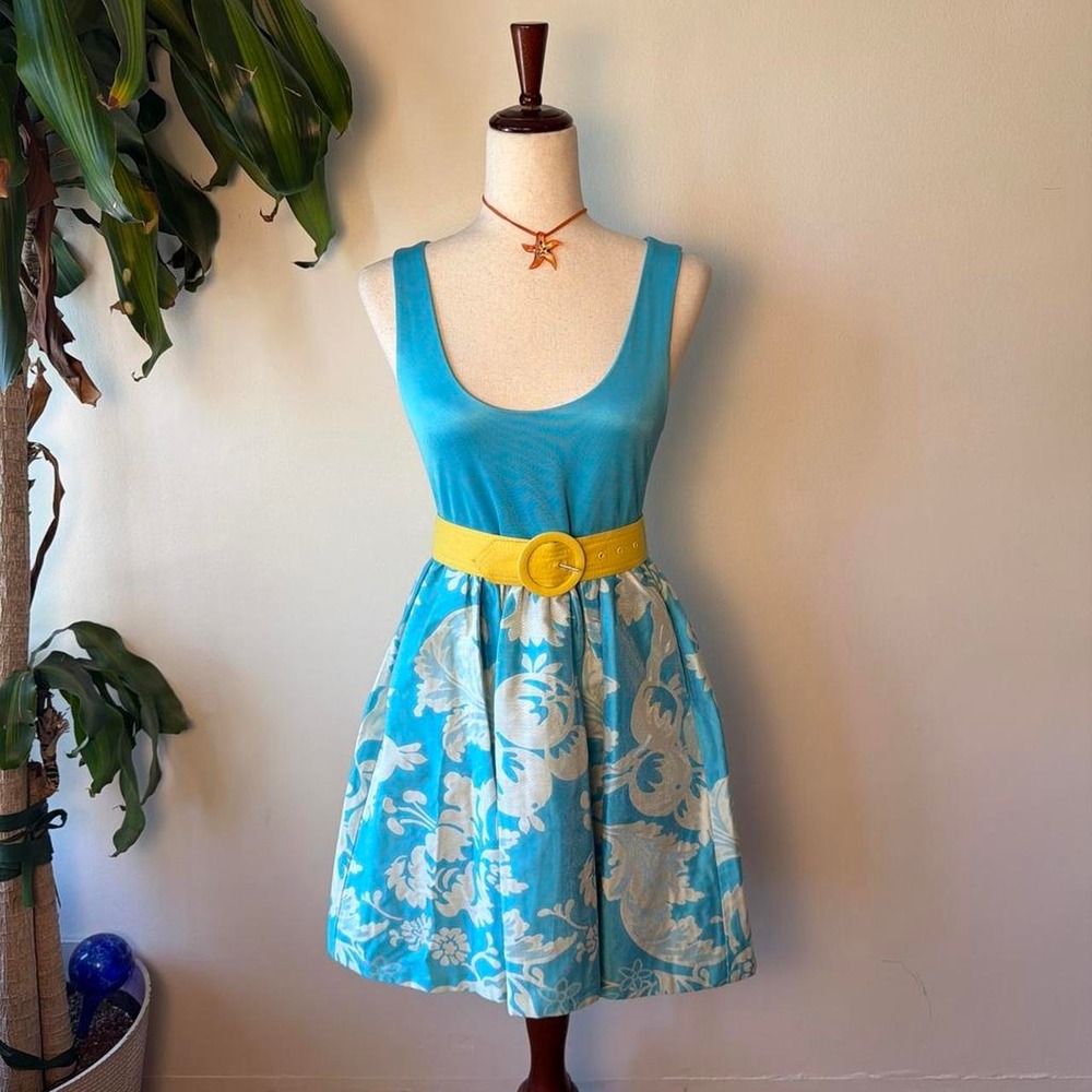 Alice + Olivia Turquoise Blue Floral Babydoll Mini Dress Yellow Belt XS